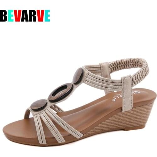 BEVARVE Wedge heel sandals ladies platform womens shoes 2021 summer casual soft soled shoes large size beaded wood grain Roman