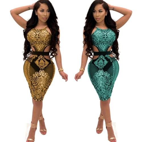 Womens Rose Gold Sequin Dress 2018 Sexy Mesh Sheer Hollow Out Halter Sheath Party Club Wear Sparkly Dresses Vestidos De Festa