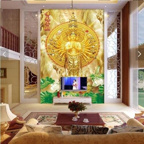 3D photo wallpaper 3D stereo mural temple entrance living room TV background corridor Golden Buddha wallpaper mural