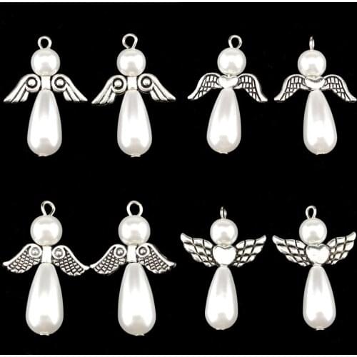 6pcs Mixed 10styles Acrylic Dancing Angel Wings Imitational Pearl Beads Charms Pendants