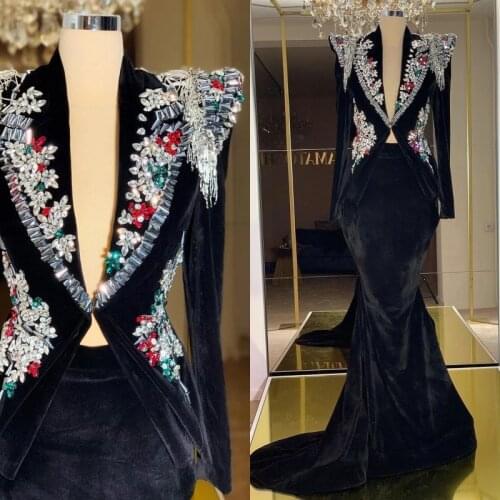 Velvet Jacket & Skirt Set with Crystal Embroidery Long Evening Dresses Beading Woman Party Night Fashion Photography Gowns