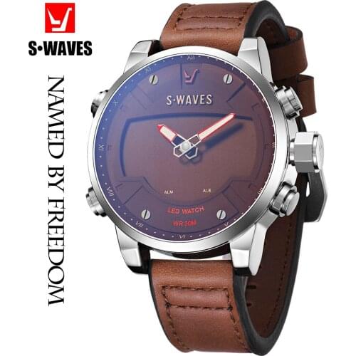 SWAVES Brand Wristwatch Mens LED Fashion Waches Men Watch Leather Sports Alarm Clock Silver Coffee Water Resistant Reloj Hombre