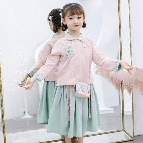 3-12Girls Hanfu Thick Winter Tops+Skirt+Bag 3pcs Kids Retro Clothing Chinese Traditional Halloween Cosplay Embroidered Costumes