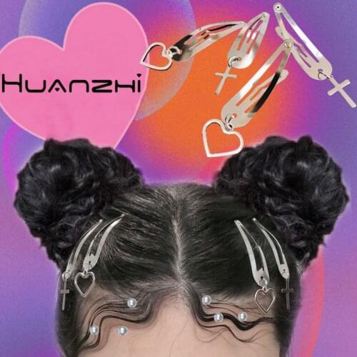 HUANZHI 2021 New Punk Hip Hop Silver Colour Cross Heart Star Drop Water Metal Hair Clip for Women Girls Cool Guy Accessories
