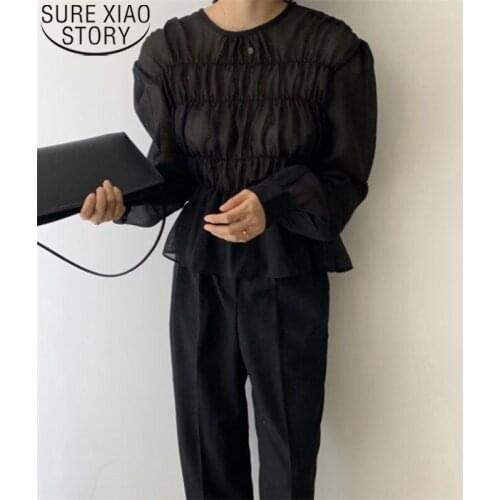 Ins Solid Pleated Design Perspective Summer Tops Puff Long Sleeve Blouse 2021 Spring Blusa O-Neck Korean Fashion Clothing 11357