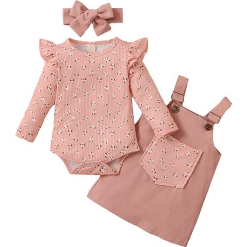 2021 Baby Girls Three Piece Suit Fashion Pitted Long Sleeve Romper and Pocket Suspender Skirt & Headband Cute Toddler Clothing