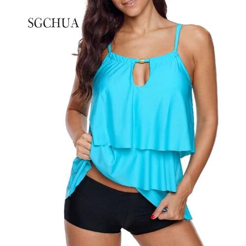 Plus Size Swimwear Women Blue Tankini Tummy Control Swimwear Top Retro Solid Swimsuit With Black Shorts Two Piece Bathing Suit