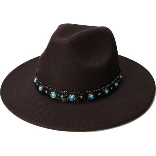 LUCKYLIANJI Retro Women Men Vintage 100% Wool Wide Brim Cap Fedora Panama Jazz Bowler Hat Turquoise Leather Band (57cm/adjusted)