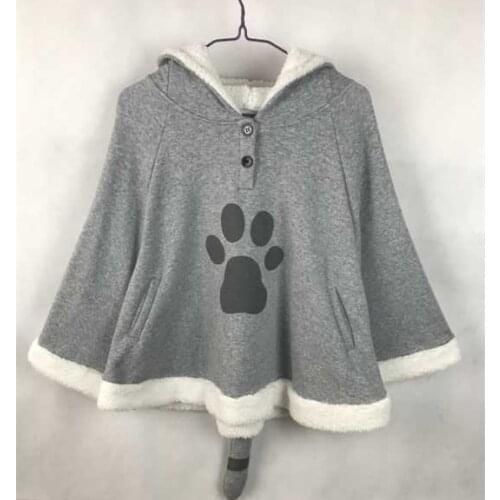 Anime Cute Cat Cloak Hoodies Coat Fleece Cloak Back Tail Kawaii Xmas Gift Gray Spring Autumn Warm Hooded Sweatshirt Hoodies Girl