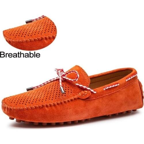 YEINSHAARS Summer Men Suede Leather Loafers Breathable Moccasins Boat Shoes Classic Driving Shoes Orange Purple Mens Flats 38-47
