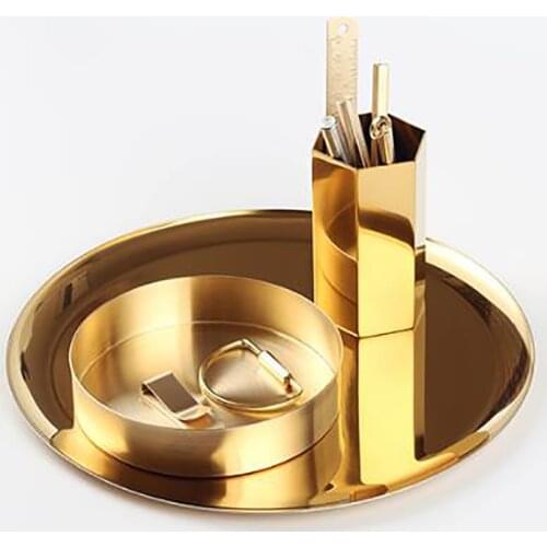 Stainless Steel Round Dish Storage Tray Fruit Tower Dessert Tea Snack Jewelry Home Decor Tray Gold Serving Container Kitchen