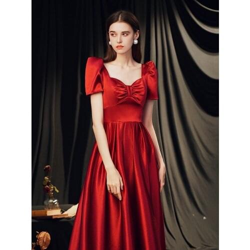 New Vintage Red Evening Dress Princess Corset Satin A-line Long Festival Formal Prom Gowns Short Sleeve Christmas Cocktail Dress