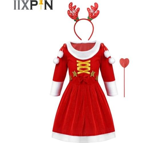 Kids Christmas Clothes Set Santa Claus Festive New Year Party Stage Performance Dancewear Girls Dress With Magic Wand Headband