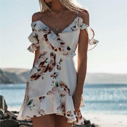 Women Hot sale V-Neck Spaghetti Strap Beach Floral sundress Bohemian Ruffles Off shoulder Flying Sleeve Holiday dresses female