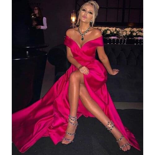 Vestidos De Gala Sexy Long Evening Dress 2020 Off The Shoulder Side Slit Prom Gowns Red Simple Formal Party Cheap Long Dress