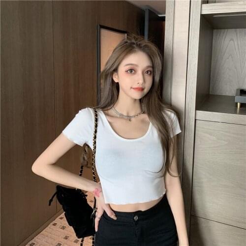2021Fashion Tops Sexy Crop Short sleeve T-shirt Solid Harajuku Korean Female V-neck Short Summer Women Tops woman tshirts