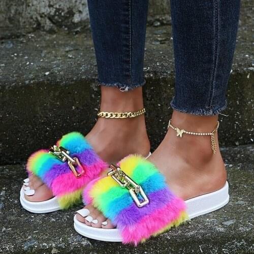 Fashion 2021 Winter Women Fur Slippers Platform Flat Multi Colorful Fluffy Furry Slides Chain Decoration Open Toe Outdoor Sexy