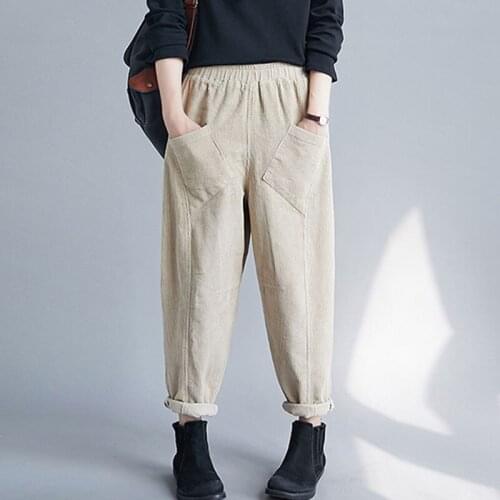Autumn Winter Women Corduroy Harem Pants New 2020 Vintage Style Solid Color Elastic Waist Loose Ladies Casual Trousers S1839