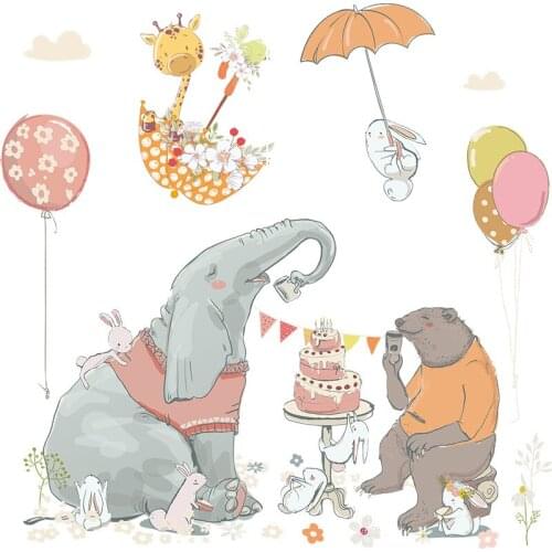 Umbrella Giraffe Elephant Cake Bear Wall Stickers Flower For Kids Room Decorations Nursery Mural Poster Animal Wallpaper Vinyls