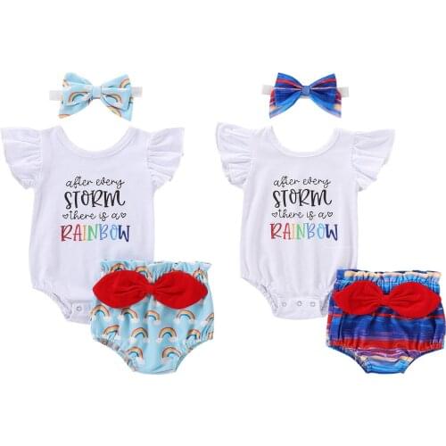 2021Fashion Baby Summer Clothing Newborn Baby Girls Outfit Set Fly Sleeve Letter Print Romper+Shorts+Headband Set