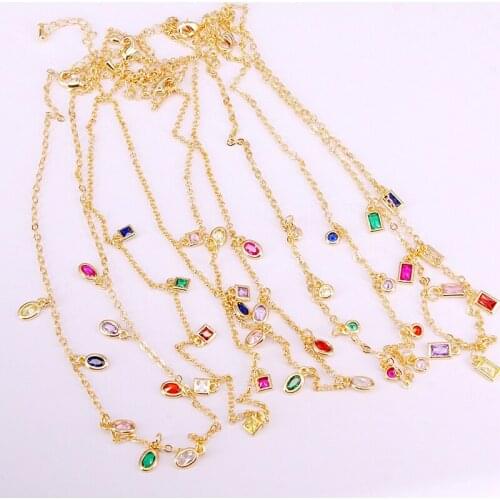 6PCS, Womens Round/Drop/Square Geometric Colorful CZ Crystal Charm Dangle Link Chain Necklaces