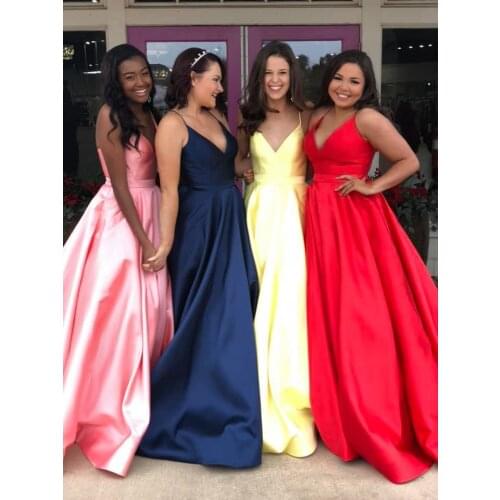 Long Prom Dresses 2019 A Line with Pockets Pink Blue Yellow Red Satin vestidos de festa Designer Lace Up Back vestidos de gala