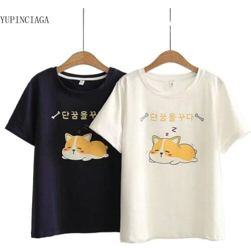 Summer Japan Style Cartoon Animal Print Cotton Short Sleeve Women T-shirt Cute Round Neck Femme Casual Basic Tops Tees 2117024