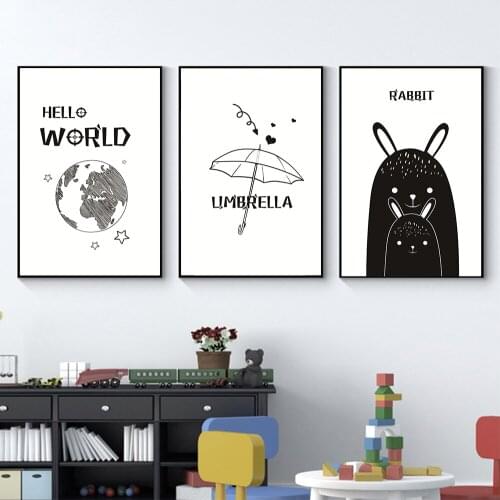 Cartoon Animal World Map Nordic Art Canvas Poster Minimalist Print Black White Wall Picture Modern Home Kids Room Decoration