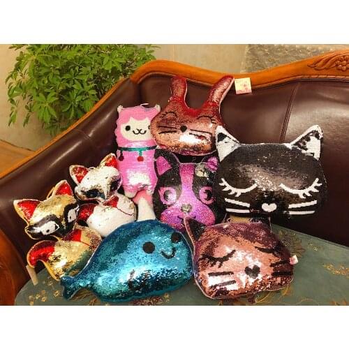 Flip Sequin Cat dog dolphin rabbit Plush Toys Soft Throw Pillow Glitter Cat Stuffed Animals Sofa Cushion Creative Kids