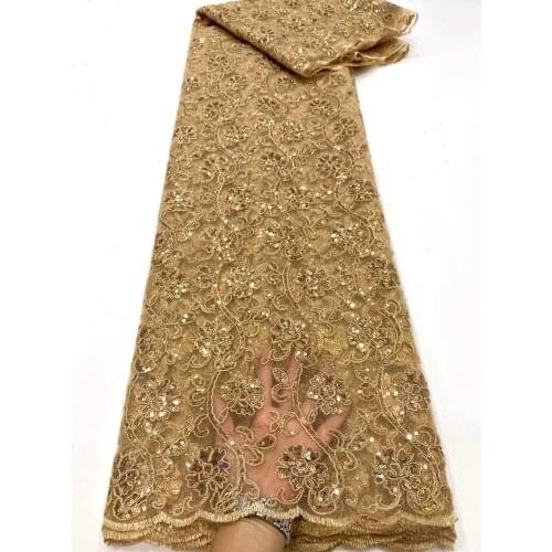 2021 Latest Gold French Lace Fabric With Sequins High Quality Nigerian Mesh Lace Fabric African Lace for Wedding Party HD5035