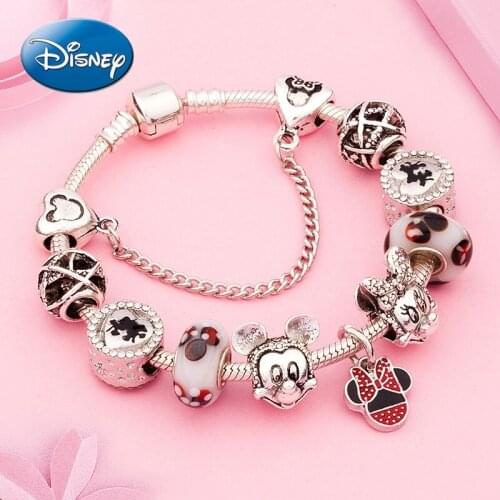 Disneys New Red Enamel Minnie Pendant Bracelet Big Hole Glass Bead Cartoon Bracelet Jewelry
