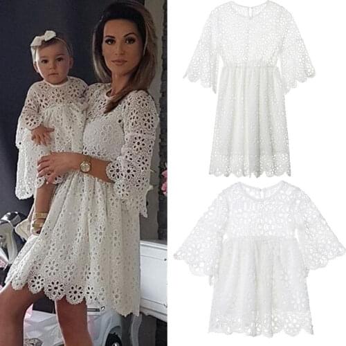 Mother & Daughter Clothes Parent-child Floral Lace Dress Long Flare Sleeve White Lace Flowers A-Line Knee-Length Dress