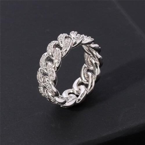 Punk Miami Cuba Chain Rings For Men Women Silver Color Rhinestone Hip Hop Jewelry Iced Out Cuban Street Ring
