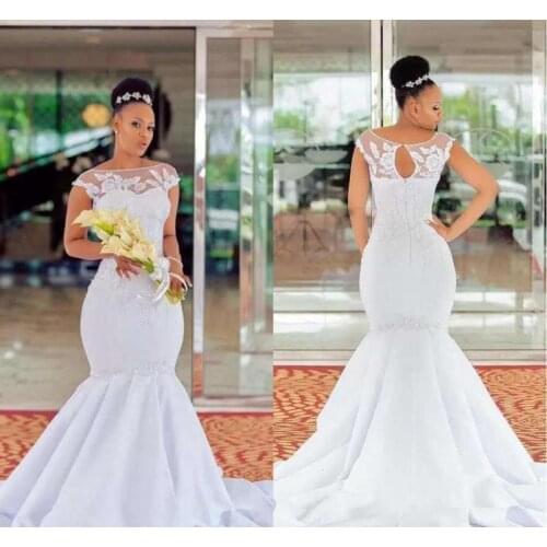 Sheer Neck Mermaid Wedding Dresses With Lace Appliqued South African Custom Made Satin Floor Length Wedding Bridal Gown