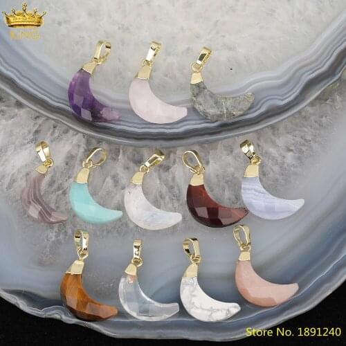 5Pcs/Lot Natural Sun Stone Moon-Shape Pendant For Necklace,Gold Bails White Crystal Pendant Charms For Earrings DIY HS-83KBI