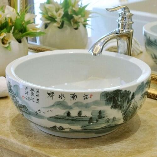 Chinese traditional landscape painting round ceramic bathroom surface ceramic wash basin, European pop art wash basin