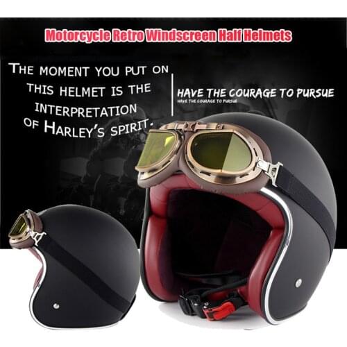 Retro Leather Motorcycle Half Helmets Vintage Motorbike Helmet with Glasses TD326