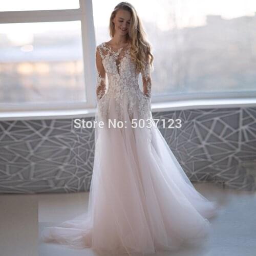 Romantic Pink Tulle Long Sleeves Wedding Dresses 2021 Beading Lace Appliques Scoop Backless Bridal Wedding Gowns Robe De Mariée