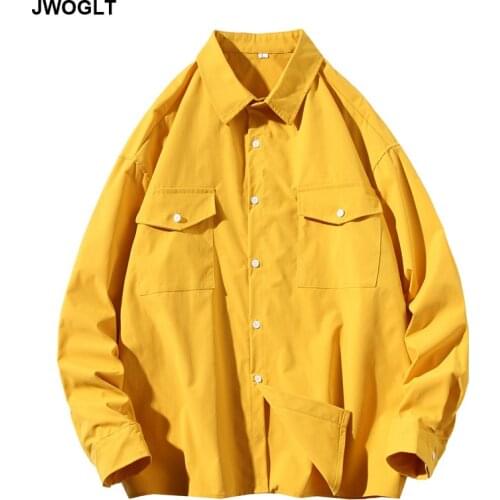 Spring Autumn New Men Shirt Korean Fashion Long Sleeve Mulit Pockets Khaki Black White Yellow Pink Couple Social Cargo Shirts