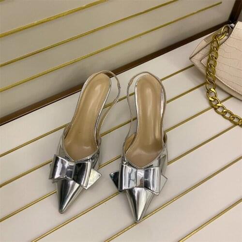 Ladies Silver Butterfly-Knot Low High-Heeled Single Sandals Slip On Slingback Elastic Pointed Toe Pumps Women Office Party Shoes