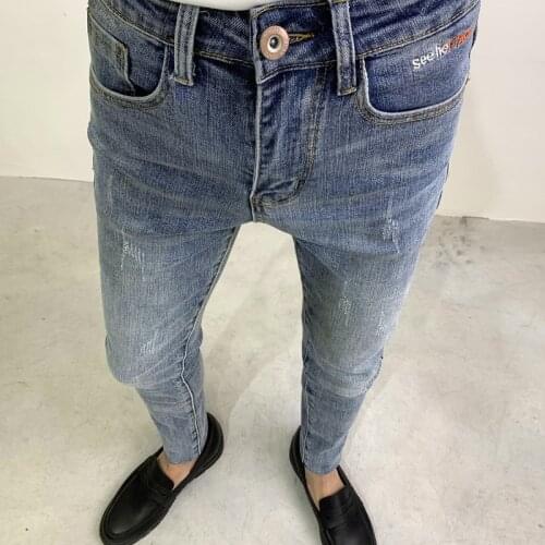 Light blue Denim jeans mens 2021 Fashion new trendy brand stretch slim-fit pants Korean embroidered teenager pencil pants