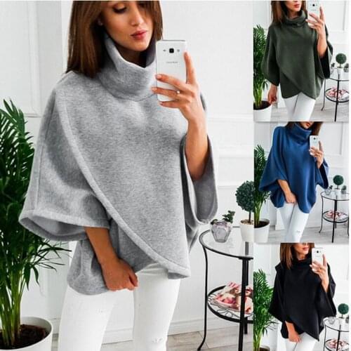 Fashion New Womens Cloak Leisure Top Asymmetrical High-Neck Sweatshirt Winter Women Half Sleeve Sweatshirt Ladies Warm Pullovers