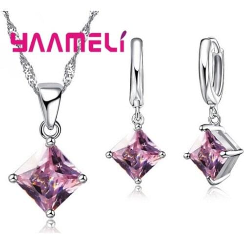 High Quality Zircon Geometric 3D Square Statement Necklace 925 Sterling Silver Drop Earrings Set For Lady Best Gift