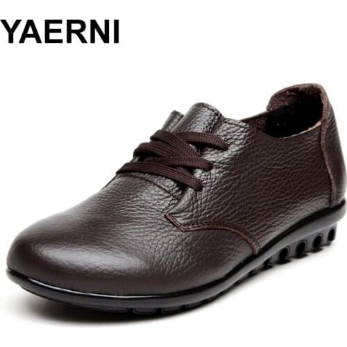 YAERNI Genuine Leather Women Shoes Flats 3 Colors Buckle Loafers Slip On Womens Flat Shoes Moccasins Plus Size315W