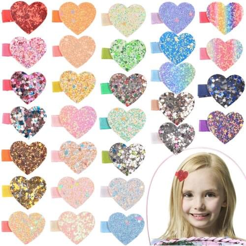 XIMA 30pcs/lot Heart Hair Bows for Girls Hair Clips Glitter Heart Hairpins Barrettes for Baby Toddler Kids Hair Accessories