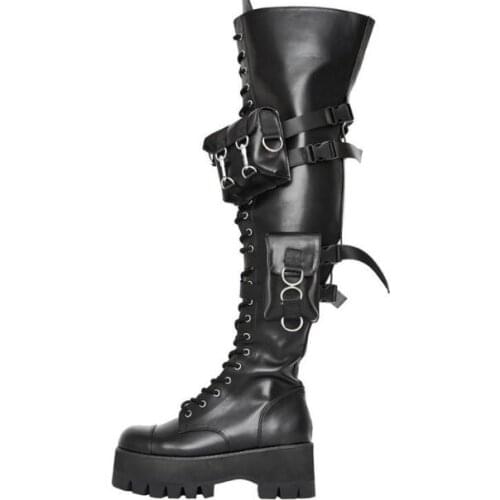 Woman Black Punk Style Pocket Over The Knee Boots Chunky Heels Thick Sole Wallet Platform Round Toe Long Boots Shoes Woman