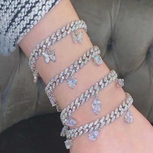 New Tear Drop 5A Zircon Charm Bracelet 10mm Gold Silver Color Iced Out Paved Bling Miami Cuban Link Bracelets For Women Jewelry