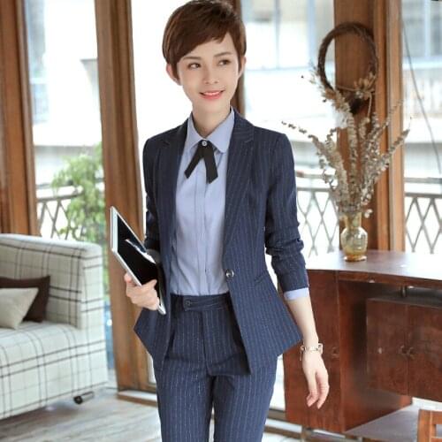 S-4XL Plus Size Womens Business Wear Suit Autumn and Winter Striped Jacket White Collar Formal Wear 2-piece High Quality