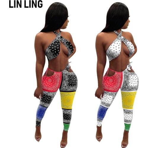 LINLING Women Paisley Print 2 Piece Outfits Jumpsuits Tube Crop Top Wide Leg Pants Set Nightclub Outfit