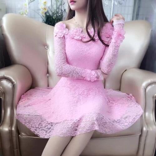 Summer Autumn Women Floral Lace Dress Sexy Slash Neck Long Sleeve Mesh Embroidery Dresses Sweet Slim Dress Party Vestidos SF1026